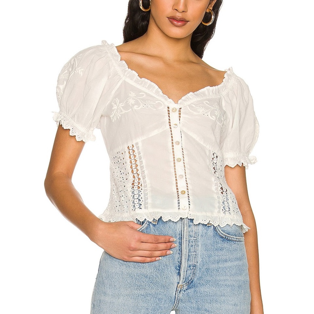 LoveShackFancy White Embroidered Puff Sleeve Top